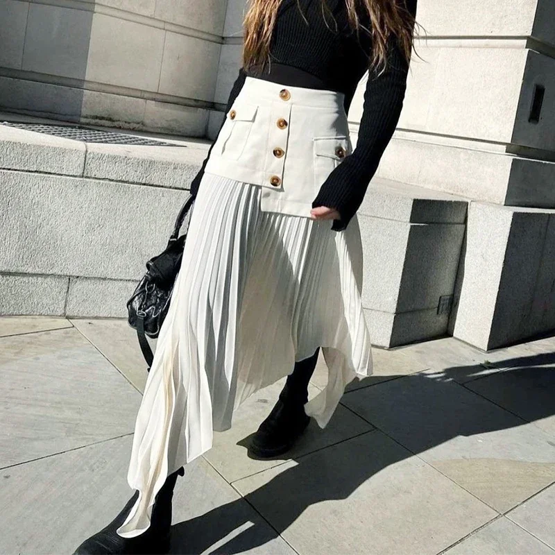 

Women Autumn Winter Elegant Chic Solid Pleated Skirt High Waist Patchwork Luxury Fashion with Pocket Irregular Skirt