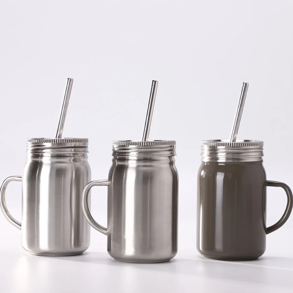 

2 pcs Stainless Steel Mason Jars Shatterproof Storage Containers With Straw Rust Proof Portable Cups For Home Kitchen