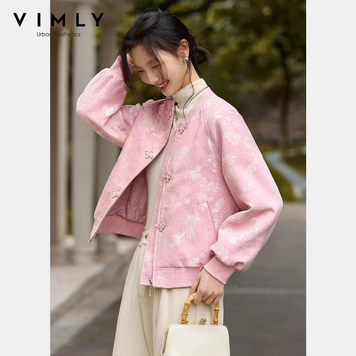 

VIMLY New Women's Winter Jacket 2025 Chinese Style Jacquard Zipper Thickened Quilted Short Parka Sweet Pink Coat for Woman A3771