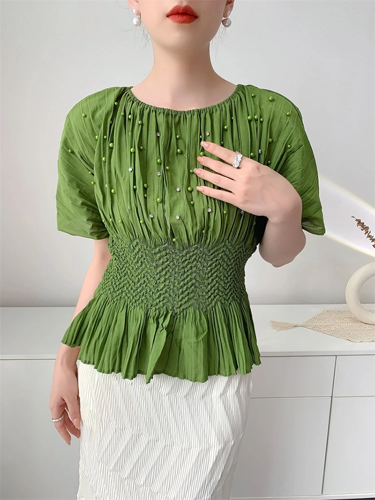 

Летний плиссированный топ с объемными рукавами для женщин, повседневная эластичная тонкая футболка с бусинами для ногтей, футболка с короткими рукавами и круглым вырезом, плиссированный топ