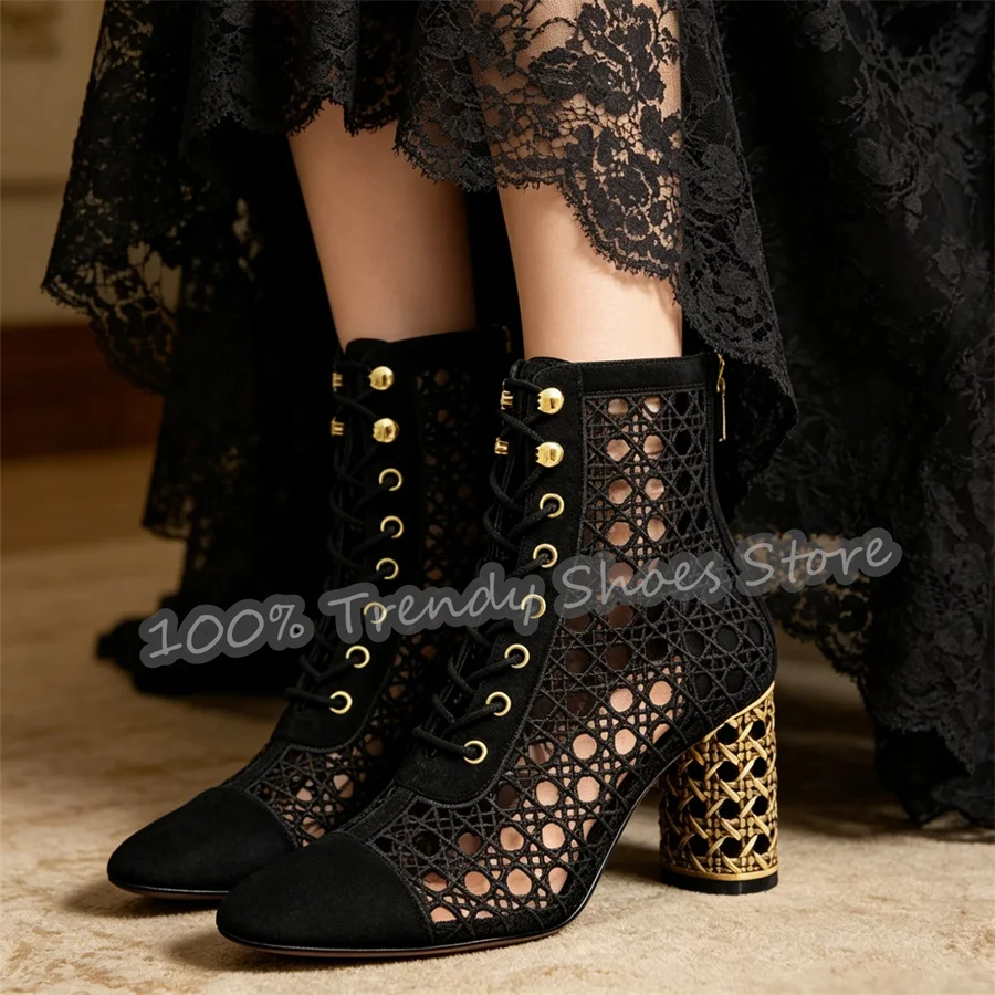 Botas de verano transpirables con diseño de jaula para mujer, botines de tacón alto con cordones, sandalias informales tipo gladiador para mujer