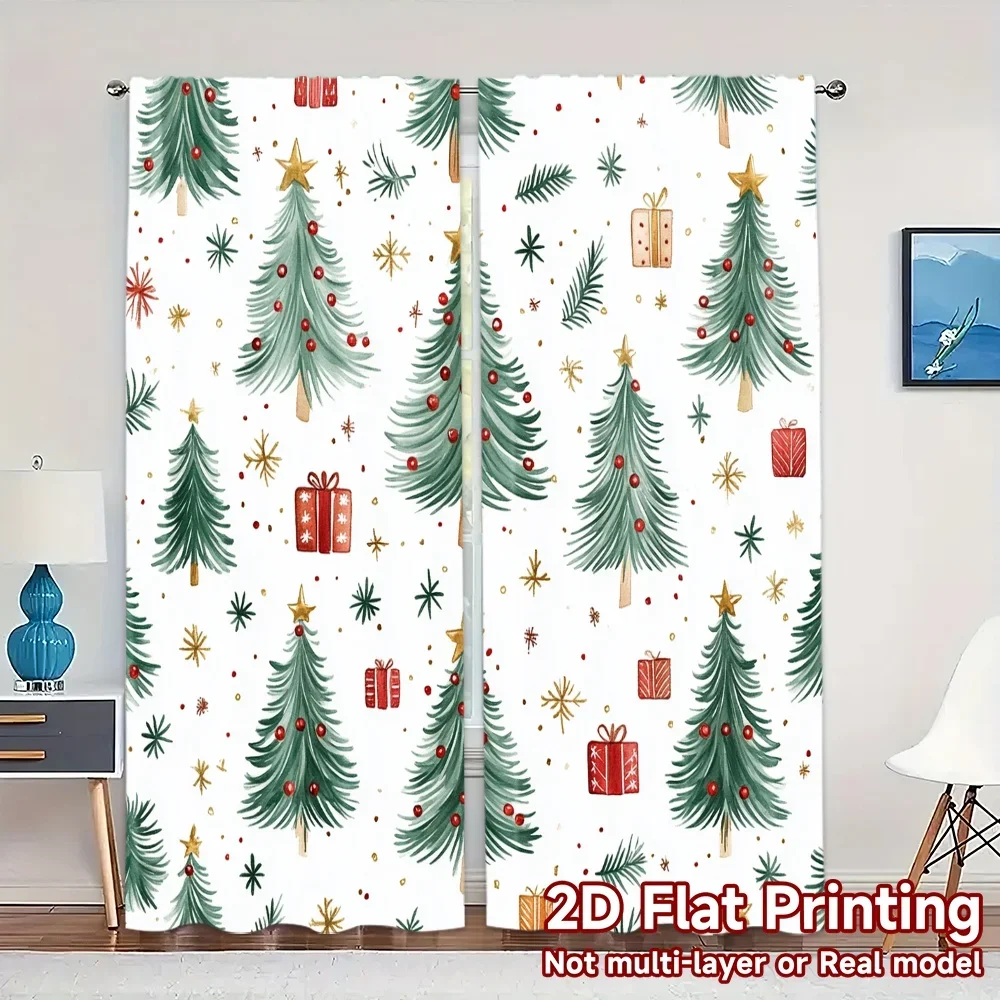 2pcs,Curtains Christmas Tree Watercolor (2) Modern Curtains Polyester Easy Install Curtains Holiday for Bedroom, Office,