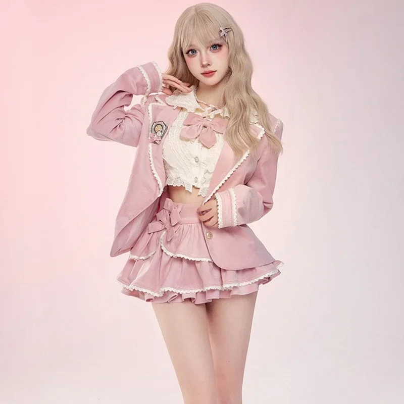 Zimowy różowy Kawaii Lolita 3-częściowy komplet damski kokardka słodka bluzka + markowa spódnica damska koreańska designerski strój mody 2023