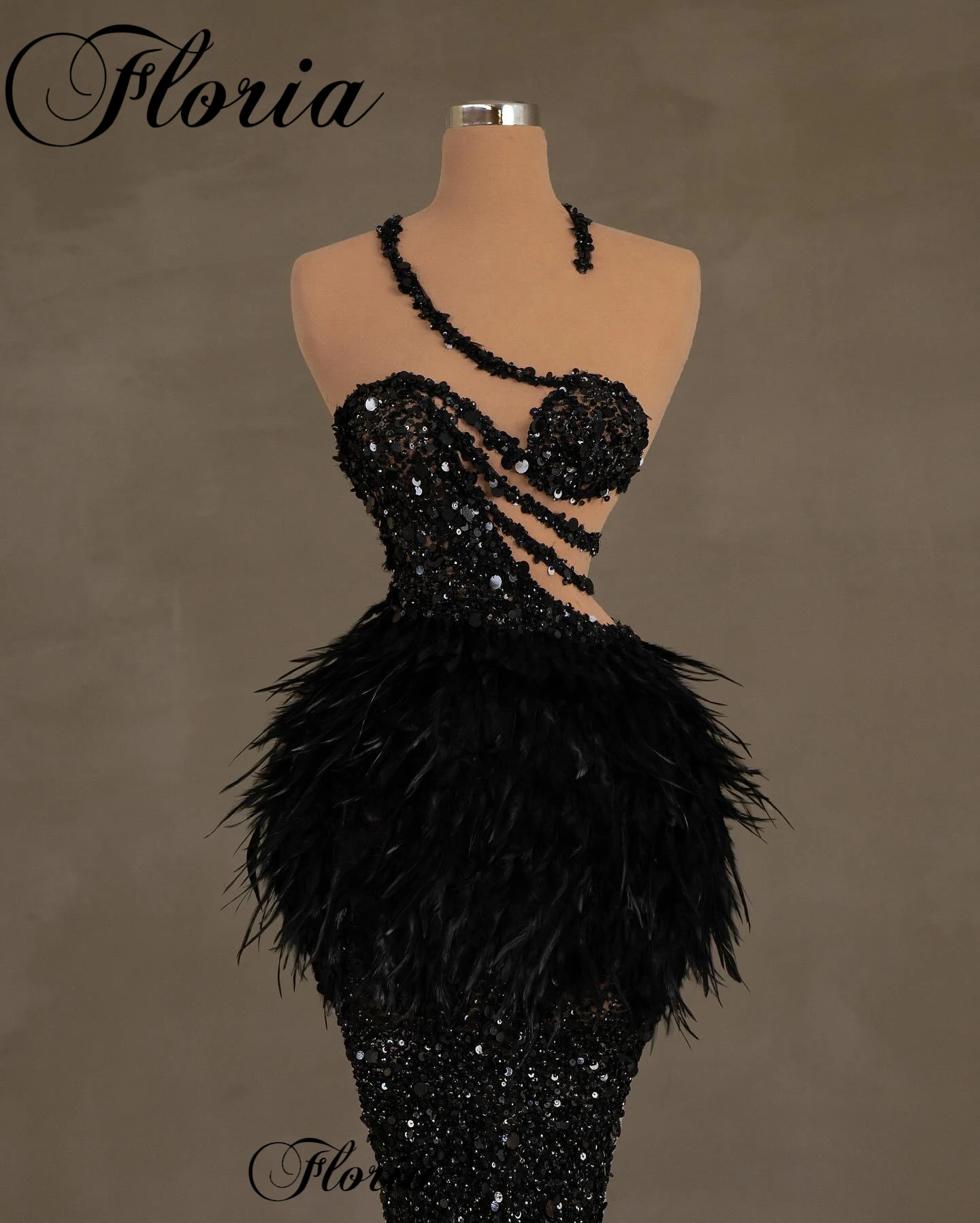 New Fashion Black Sequined Celebrity Dresses With Feathers Sleeveless Sexy Evening Dresses Luxury Vestidos De Noche Pageant Gown