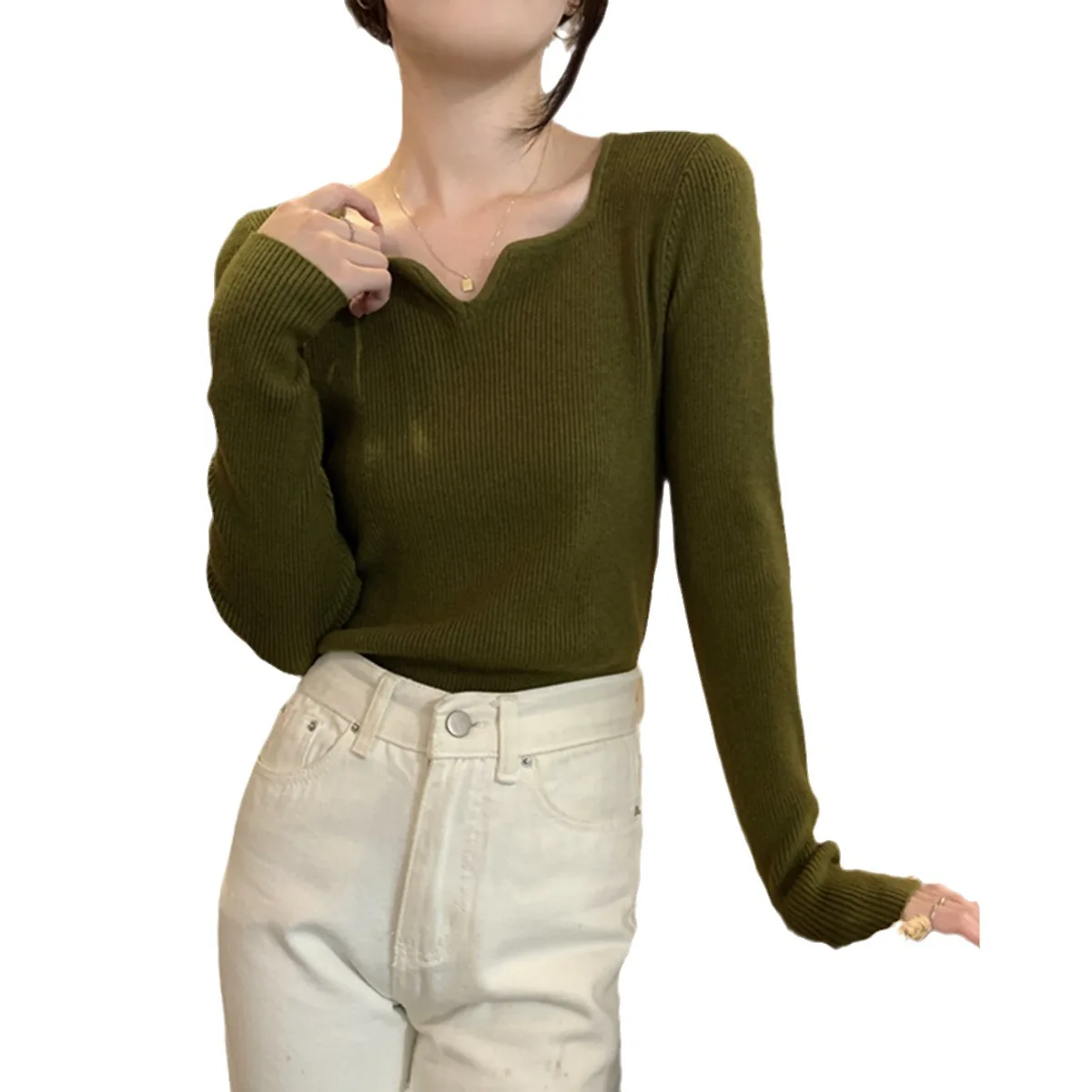 

2024 Autumn New Design Feeling Sweater Women's Inner Layup Soft Glutinous Long Sleeved Small V-neck Solid Color Knitted Shirt