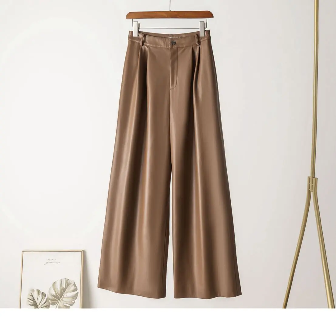

Real Leather eepskin High Waist Wide Leg Casual Straight Long Pants Floor Length Trousers for Women Autumn Winter New Sle