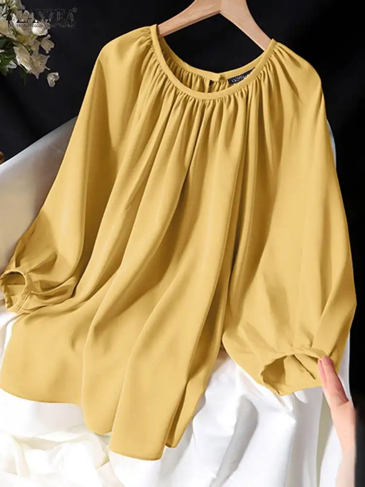 ZANZEA Elegant Lantern 3/4 Sleeve Blouse Vintage Women Satin Tops Tunic 2024 Summer Round Neck Blusas Korean Solid Pleated Shirt