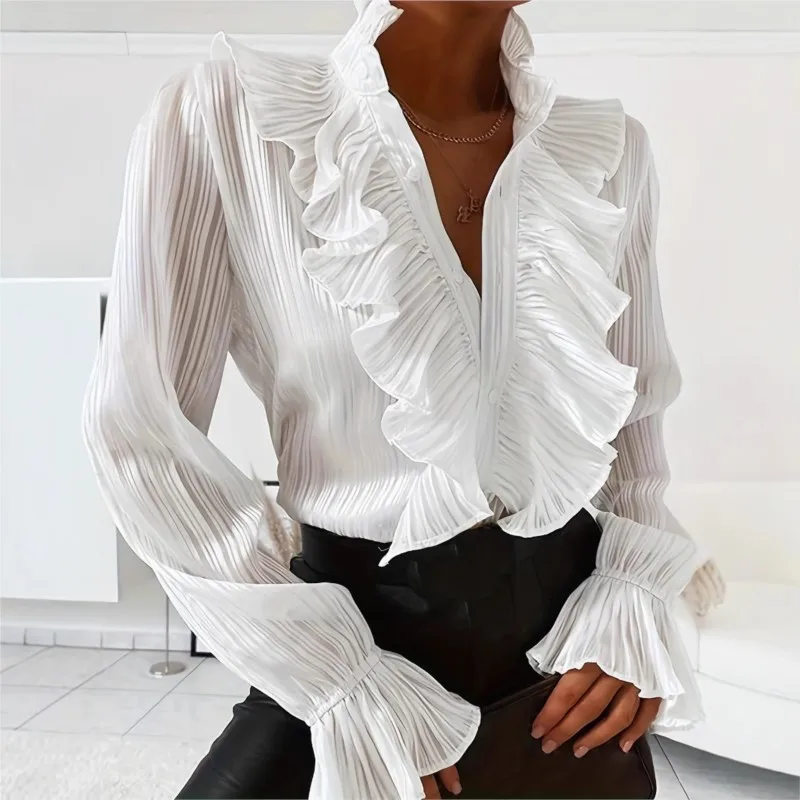 

New Spring And Autumn Women's Casual Commuting Shirt Elegant Temperament Solid Color Long Sleeve Flared Sleeve Stand Collar Top