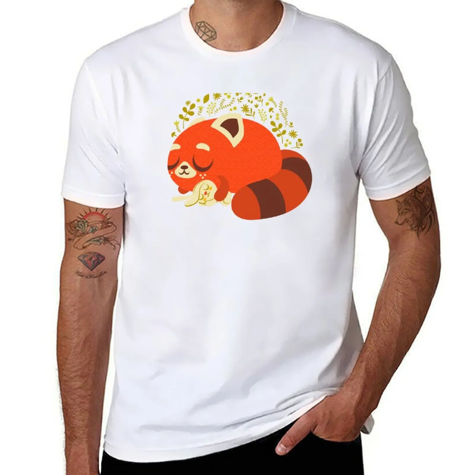 Camiseta con estampado creativo de Panda durmiendo y conejito rojo