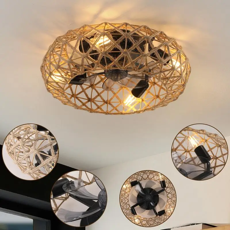 Ceiling-Mounted Jute Rope Fan Light Strip with 4 LED Bulbs, Dimmable, 7 Blades, Reversible DC Motor, Adjustable Brightness and