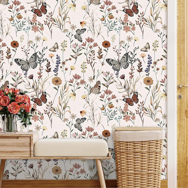 Boho Floral Butterfly Self Adhesive Wallpaper Watercolor Wildflower  Wall Sticker for Nursery Waterproof PVC Wallcovering