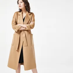 Brand Handmade Women Water Ripples Coat X-Long Wool Maxi Elegant Cashmere Overcoat Solid Color Winter Warm Woolen Cloak Lace Up