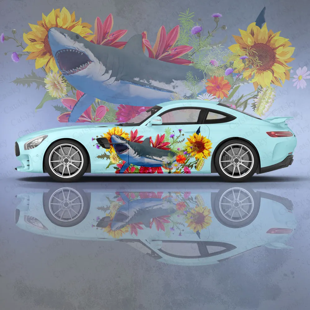 

Sunflower Ocean Shark Car Side Sticker Decoration, PVC Waterproof Scratch Resistant Decal, Car Protection, Auto Accessories Gift