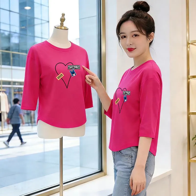 

Loose Fit Heart Print 3/4 Sleeve T-Shirt Women's Casual Style Comfortable Polyester Fiber round Neck Top for Spring