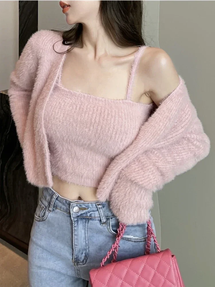 Gaganight Women Pink Sexy Versatile Plush Loose Knitted Shirt Sweater Coat Spring Sweet Backing Strap Vest Two Piece Set