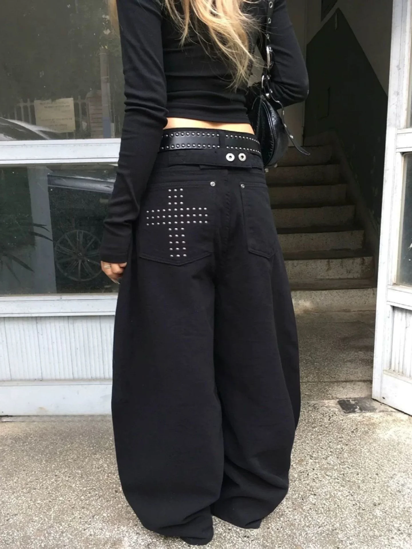 American Style Vintage Washed Cross Rivet Design Loose Fit Wide Leg Jeans Women's Street Style Autumn Long Trousers