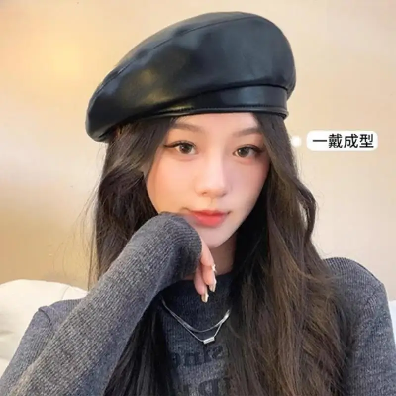 

Vintage PU Leather Beret Hat French Retro Artist Beanie Hat Elegant Solid Color Lady Painter Cap Autumn Winter Beanies
