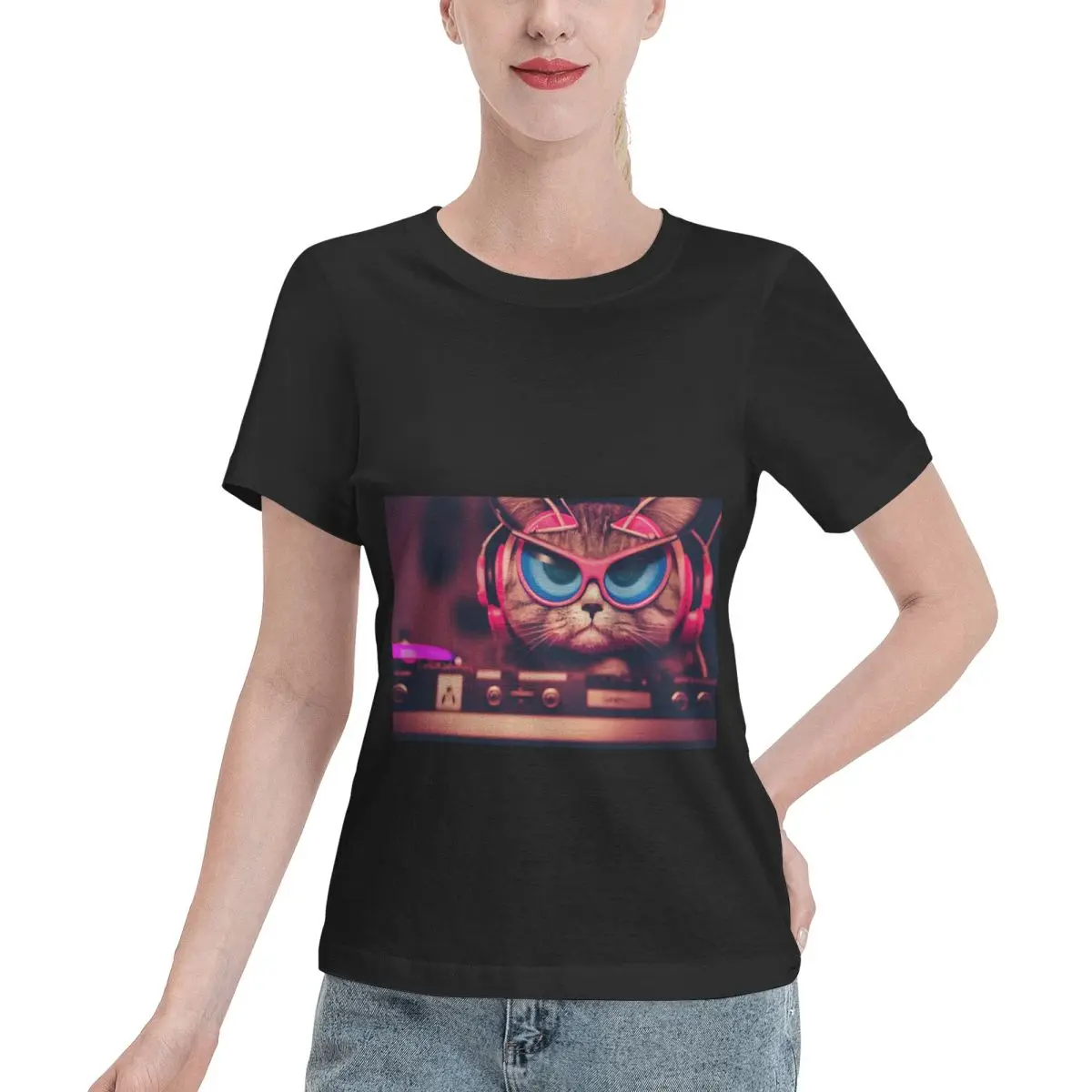 Reliable Item Awesome DJ Techno Cat Behind The Wheels Of Steel Women's T-shirt Elegant Spring Autumn Top