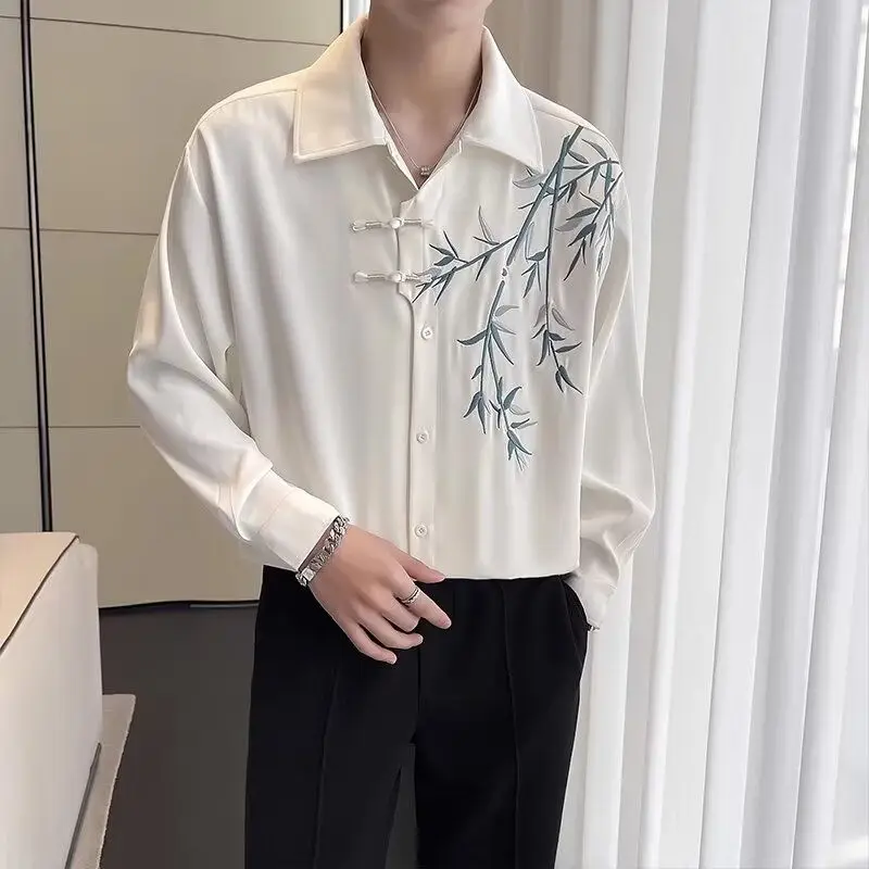 

New Chinese Sle Long Sve irt Men's Design Sense High ade Tang Costume irt Spring Season Stand Fit Polyester Fiber