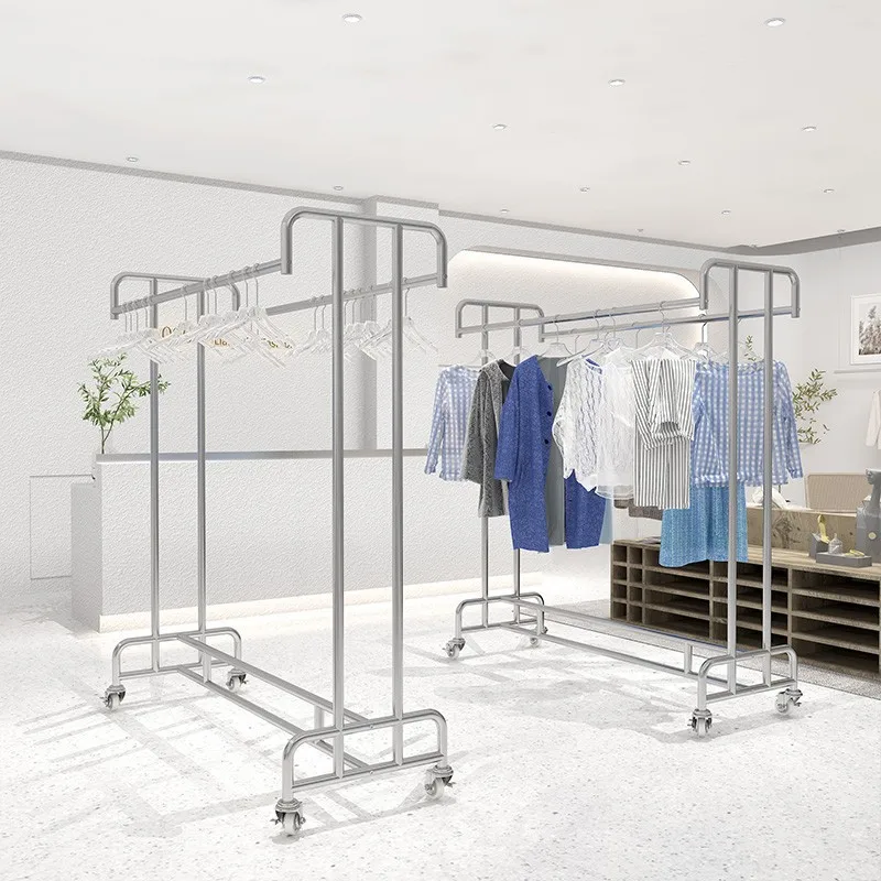 Stainless steel clothing store island display rack floor-to-ceiling double-row parallel bar with wheels children's clothing wome