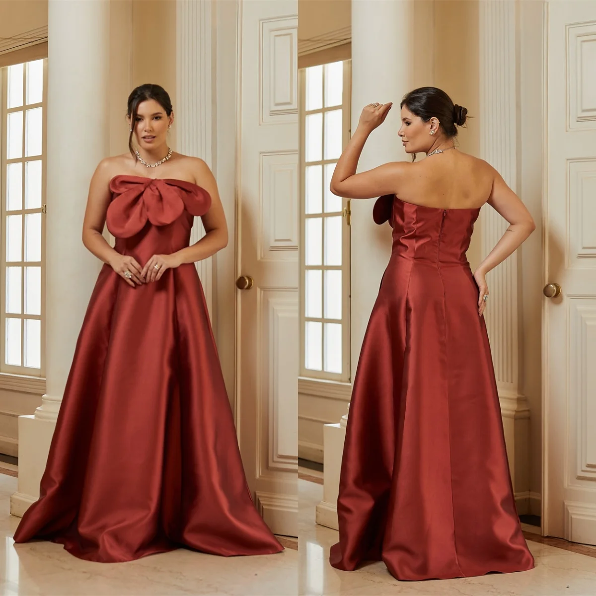 

Customized Exquisite Red Satin Evening Dress High Quality Strapless Sleeveless Lace Up Back Zipper Back Special Occasion Gowns