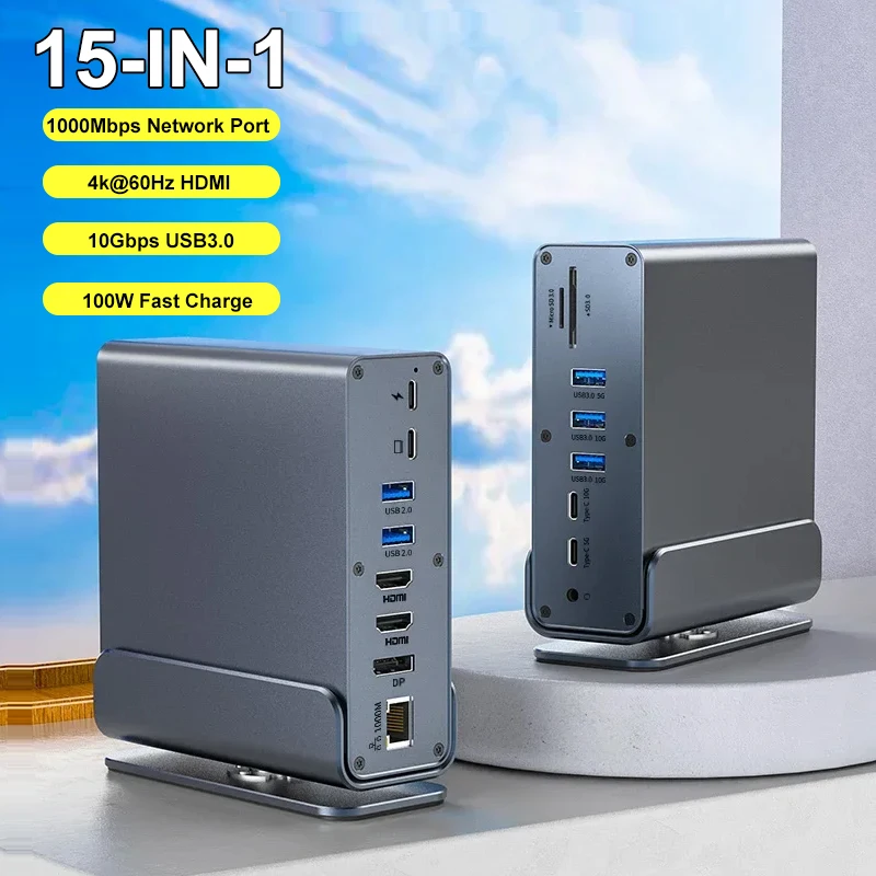 

Док-станция 15 в 1 USB-C 4K при 60 Гц HDMI DisplayPort Hub USB A RJ45 SD TF Аудио адаптер портов 3,5 мм для ноутбука Macbook Pro