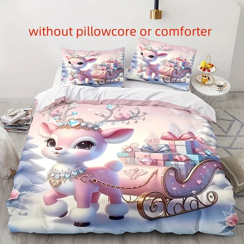 

2/3 Digital Printed Down Duvet Covers, Pink Reindeer Christmas Gift Soft and Comfortable Suitable for Bedroom and Dormitory Deer