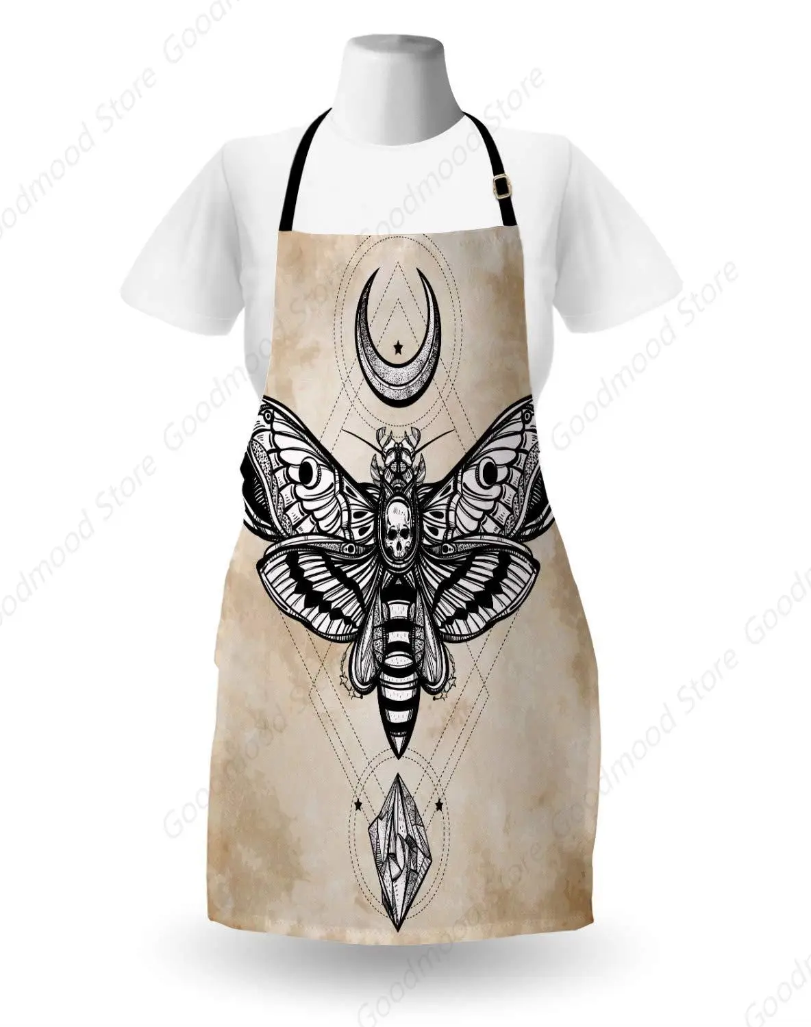 Fantasy Apron, Dead Head Hawk Moth Luna and Stone Magic Skull Illustration, Unisex Kitchen Bib with Adjustable Neck for Cooking