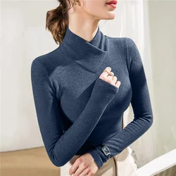 Camiseta básica de Cuello medio alto para mujer, ropa de moda coreana elegante y cálida, Tops de manga larga ajustados sólidos para Otoño e Invierno