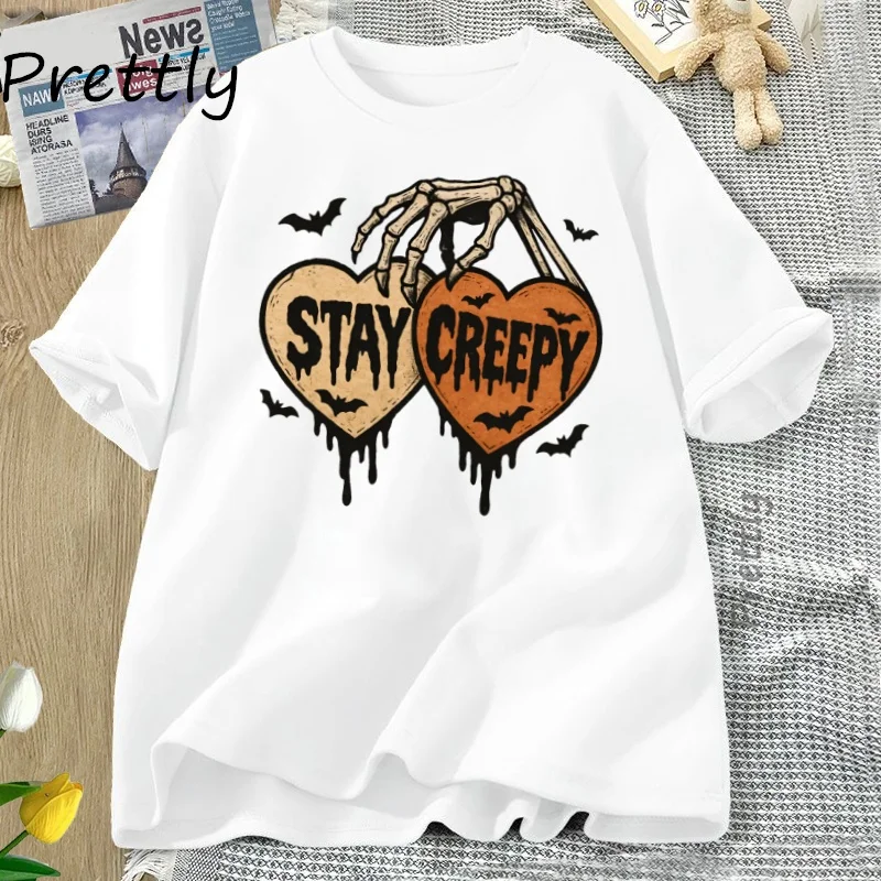 

Футболка Stay Creepy в стиле ретро с капающим сердцем на Хэллоуин, футболка с изображением скелета, жуткий графический футболки, женская одежда