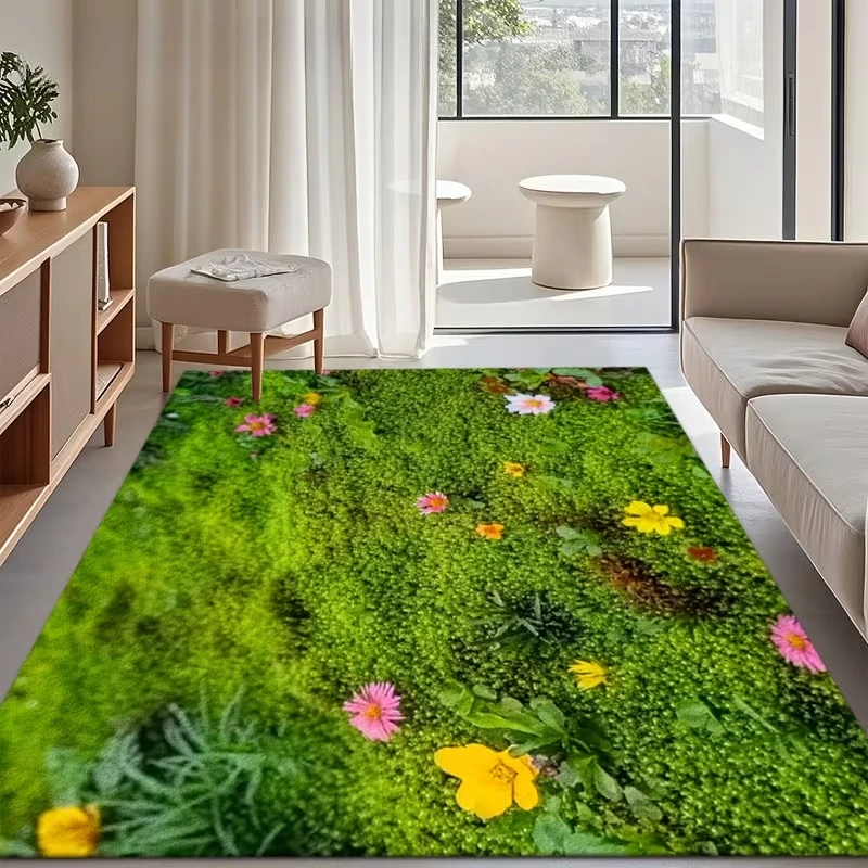 Flowers on Green Grass HD Printed Carpet, Kitchen Rugs, Yoga Mat, Spring Home Decoration Carpet Kids Play and Reading Area Rug