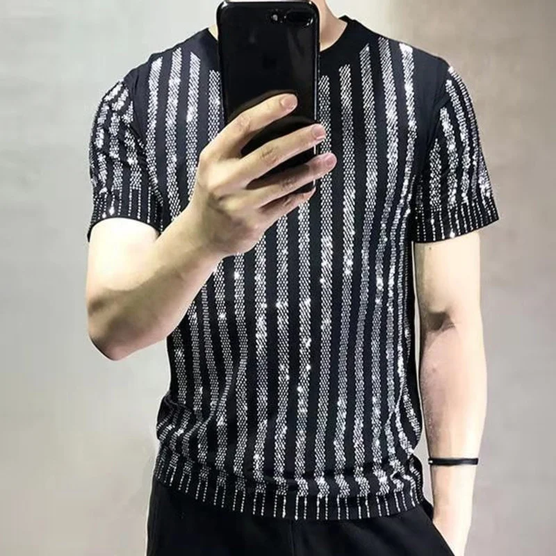 Black Fashion Diamond Rhinestone T-shirt Mens High Quality T Shirt Men Short Sleeve Streetwear Casual O-Neck Tee Shirt Homme