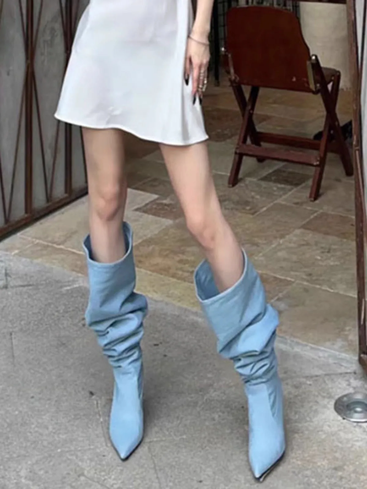 

Wide Tube High Heel Long Boots Women's Spring Autumn New Pointed Toe Denim Wrap Boots Faionable Thin Heel High Boots