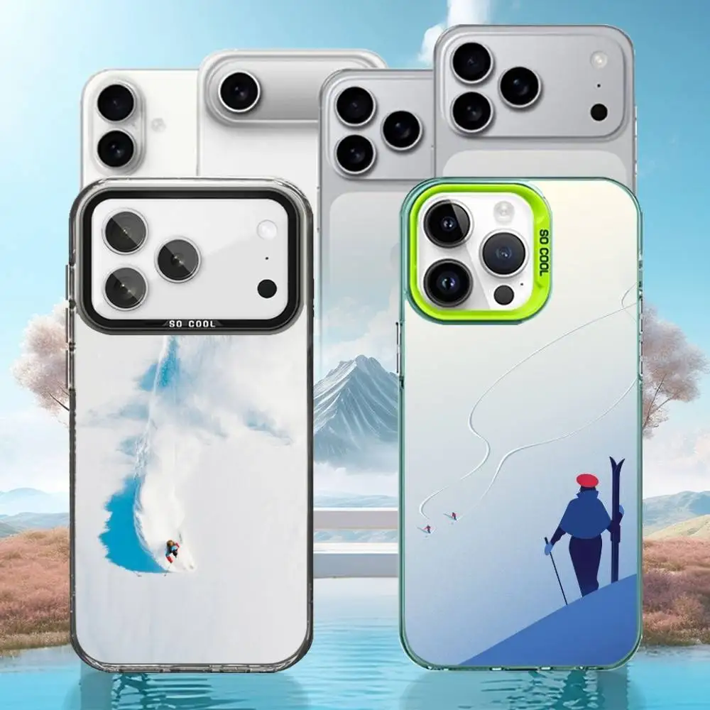 

Creative Mountain Ski Motif Phone Case For iPhone17,16,15,14,13,12,11 Plus,Pro Silver Matte Shockproof Cover