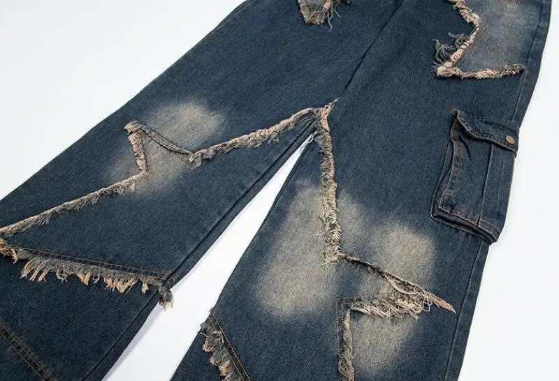 موضة المتضخم الهيب هوب الجينز السراويل مع نجمة المرقعة فضفاضة تناسب البضائع سراويل جينز عالية الخصر فضفاض جان قيعان