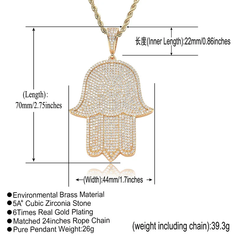 Hip Hop 5A+ CZ Stone Paved Bling Ice Out Big Fatima Hand Pendants Necklaces for Men Rapper Jewelry Gold Silver Color