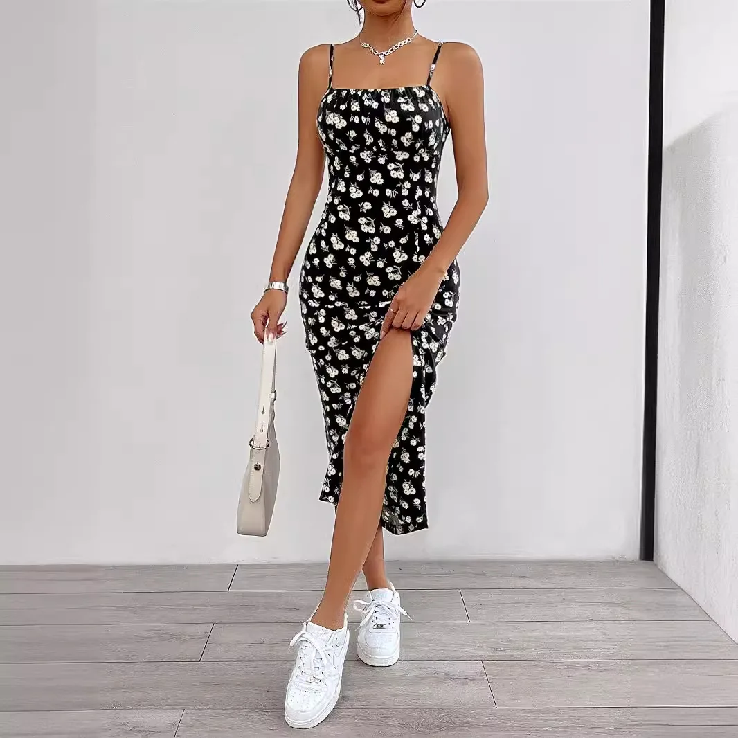 فستان مموه بطبعة زهور أوروبية وأمريكية أنيقة وفخذين