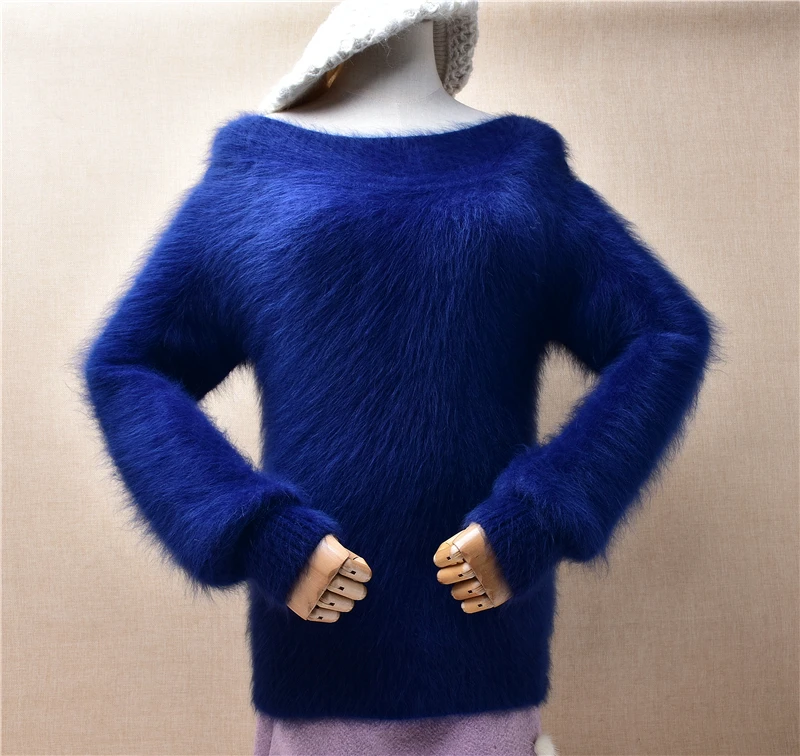 

Female Women Fall Winter Clothing Blue Hairy Mink Cashmere Knitted Slash Neck Slim Blouses Pullover Jumper Sweater Pull Tops