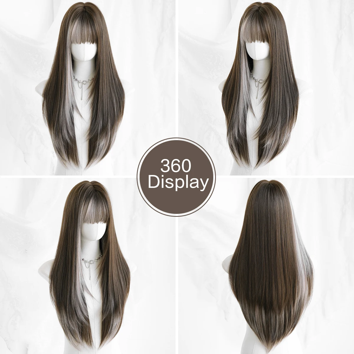 7JHH WIGS Long Straight Brown Ombre White Wig for Women Synthetic Layered Modest Fashion Wear and Go Wigs with Neat Bangs - view 5
