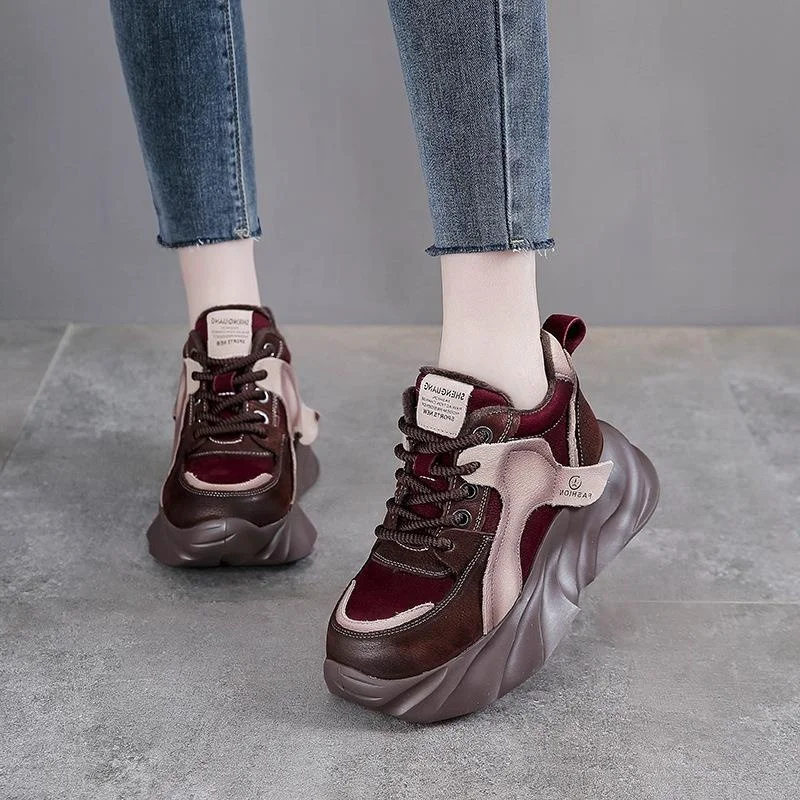 

Casual High-Top Leather Dad Shoes Women's Soft Bottom Fashion Boots Color Block Platform round Toe mid Heel Rubber Outsole