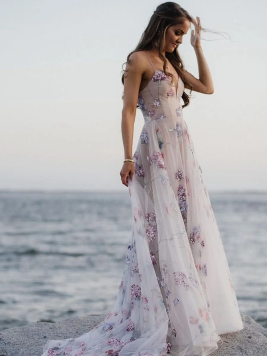 สายสปาเก็ตตี้โบฮีเมียน Boho ชายหาดชุดแต่งงานพิมพ์ดอกไม้ชุดเจ้าสาว vestidos de Renda