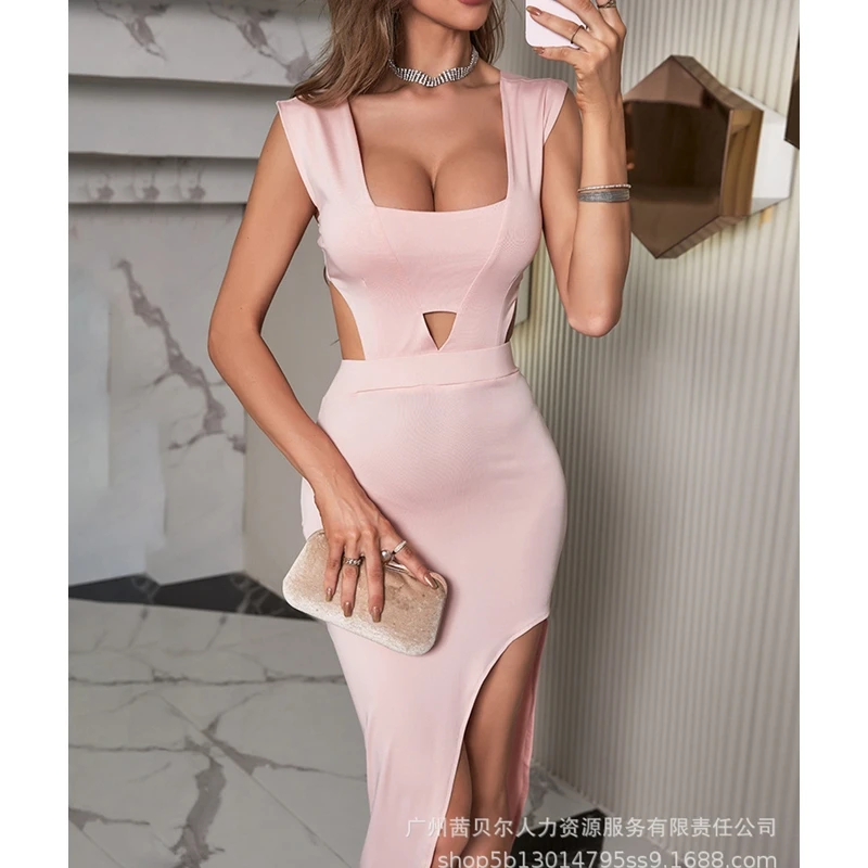 

Women Dress Summer New Sexy Solid Slim Hollow Out Irregular Dress Women Sleeveless Spaghetti Strap Square Collar Backless Dress