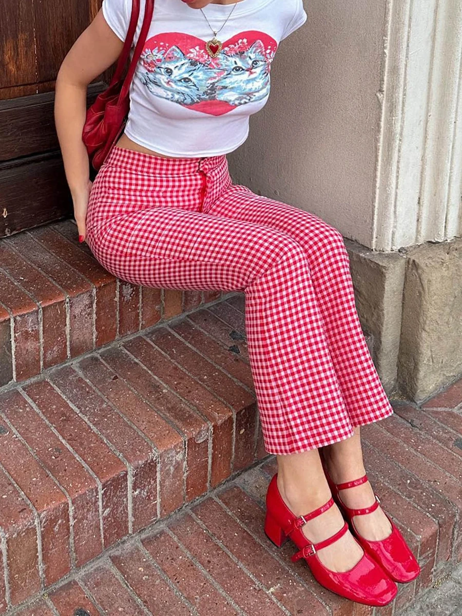 Womens Red Gingham Straight Leg Flare Pants High Waist Plaid Checkerboard Printed Y2k Vintage Trousers Summer Streetwear