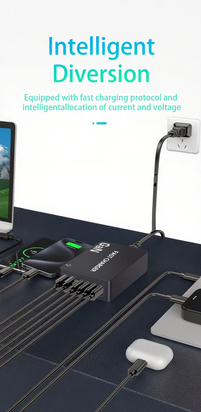 1100 W GaN 6-Ports USB C Ladegerät 100 W PPS Schnellladestation für Samsung iPhone Laptop Tablet MacBook Typ C PD Schreibtischladegeräte – Detail 9