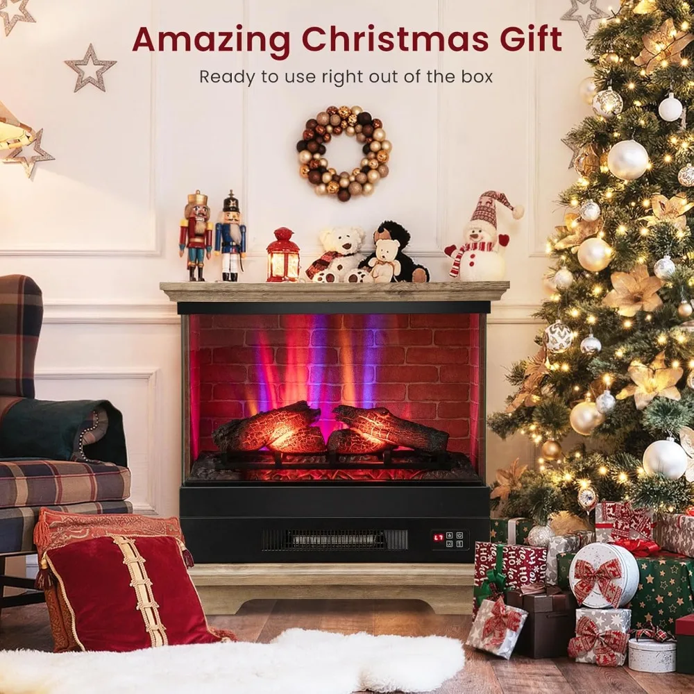 27” Electric Fireplace with Mantel,Wooden Surround Firebox, Freestanding Fireplace Heater w/ 7 Flame Colors, Remote & 6H Timer