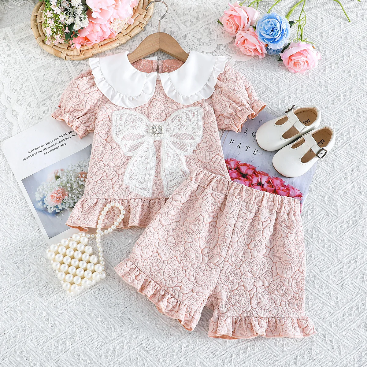 Summer Girls' and Children's Fragrant Style Bubble Sleeve Bow Printed Top Shorts Stylish Set