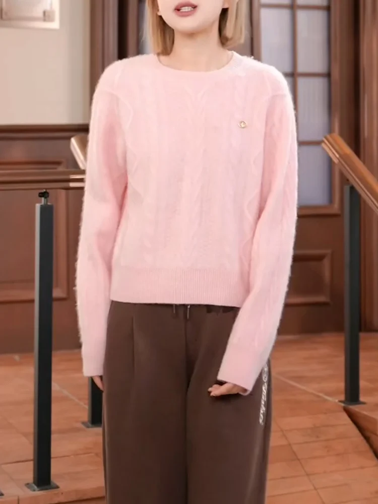 

Sweet Pink Knitted Sweater Autumn New Sle Large Size Faionable Versatile Youthful round Ne Twist Korean Sle Casual Wear