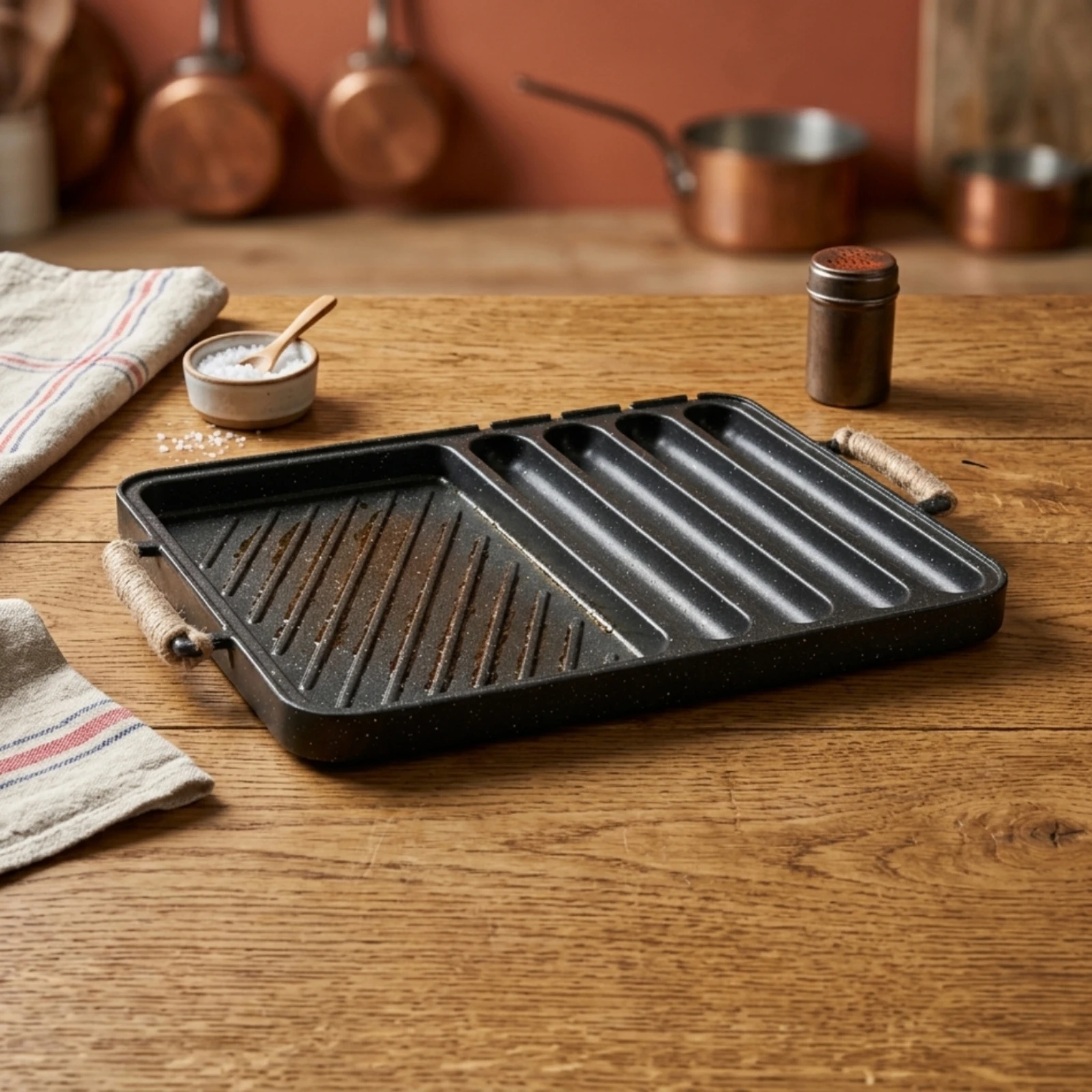Divided Grill Pan Rectangular Grill Pan with Rope Handles Griddle Lightweight Compact for Home Cooks, Korean Barbecue view 2