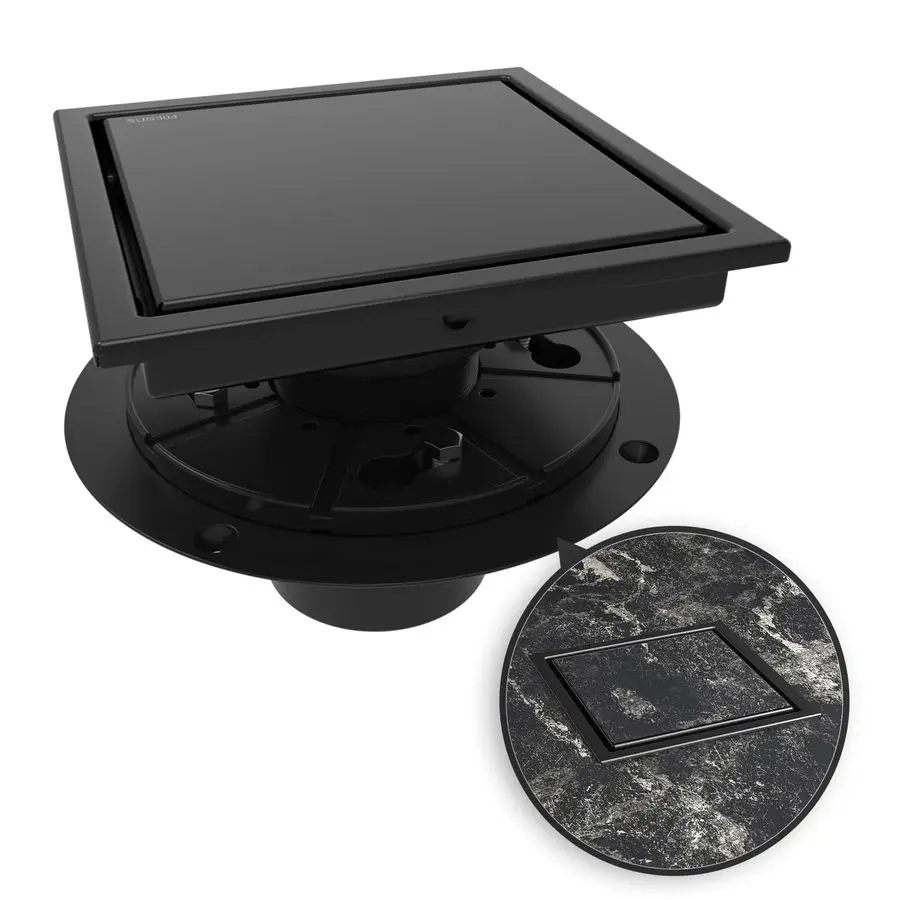 

Квадратный душевой трап 6 дюймов, черный, напольный, с фланцем, двусторонний, 2-в-1, с крышкой-решеткой для плитки, съемный, из нержавеющей стали SUS304