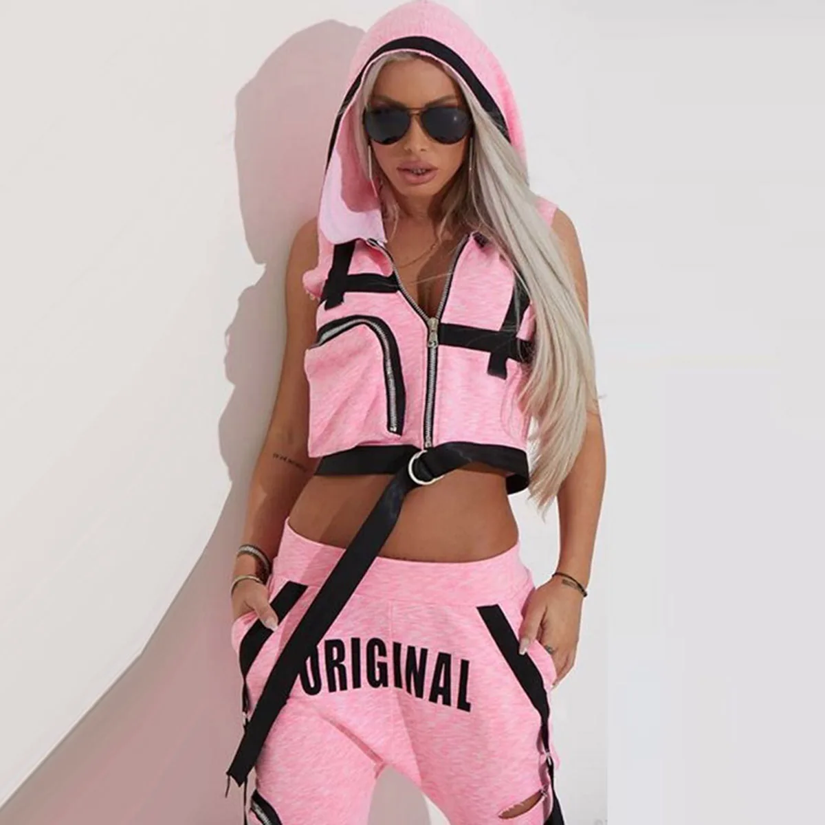 Gymdolphins Women\'s Pink Casual Pants Set Sleeveless Hooded Zipper Top and Mid Waist Cross-pants 2024 New Stylish Sports Suit